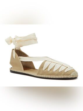 NWOT Polo Ralph Lauren Lace-Up Espadrille Flats Tan Canvas Ankle Strap Size 7